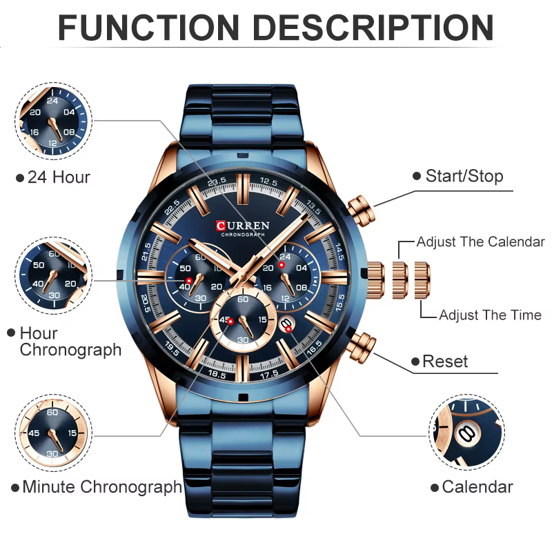 Reloj CURREN para hombre, marca superior, relojes deportivos de cuarzo de lujo para hombre, reloj de pulsera cron贸grafo resistente al agua de acero completo, reloj Masculino - Imagen 3