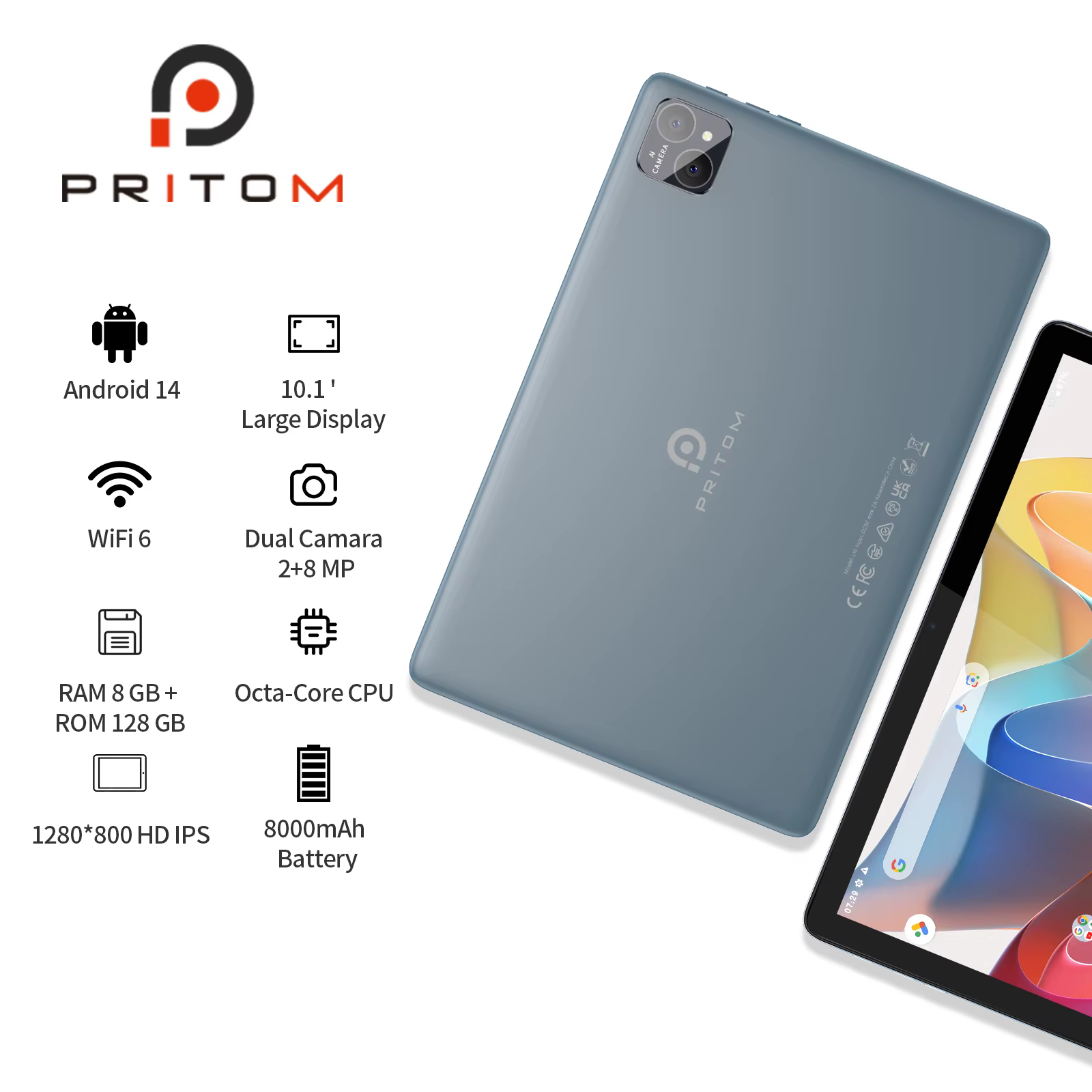 PRITOM-Tablet TAB11 Android 14 DE 10 pulgadas, 8GB(4 + 4 expandible), RAM + 128GB ROM, ocho núcleos, WiFi 5G, con teclado, ratón, funda - Imagen 3