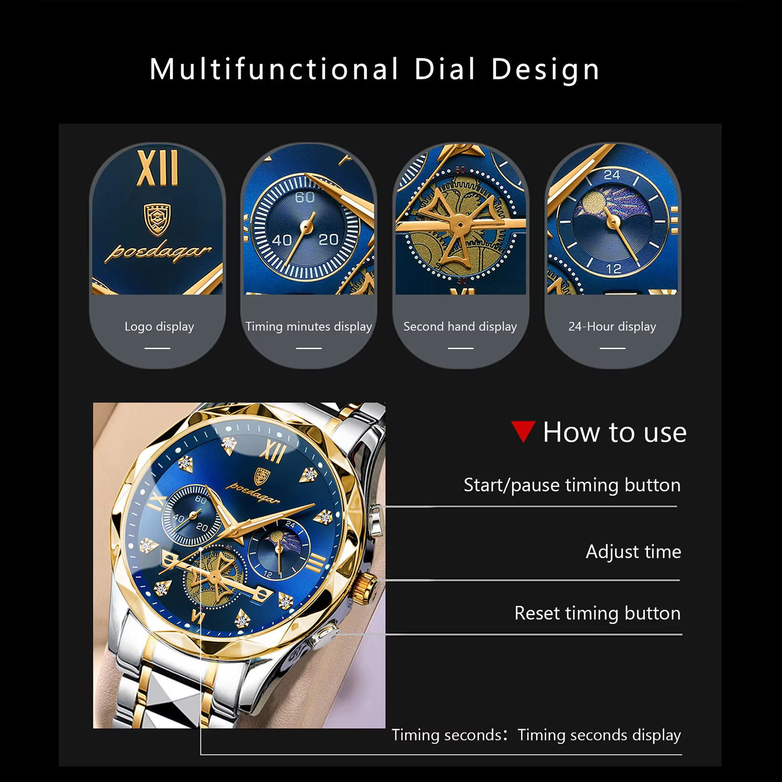 Reloj de pulsera POEDAGAR de lujo para hombre, cron贸grafo resistente al agua, reloj luminoso para hombre, relojes deportivos de cuarzo de acero inoxidable de alta calidad para hombre - Imagen 4