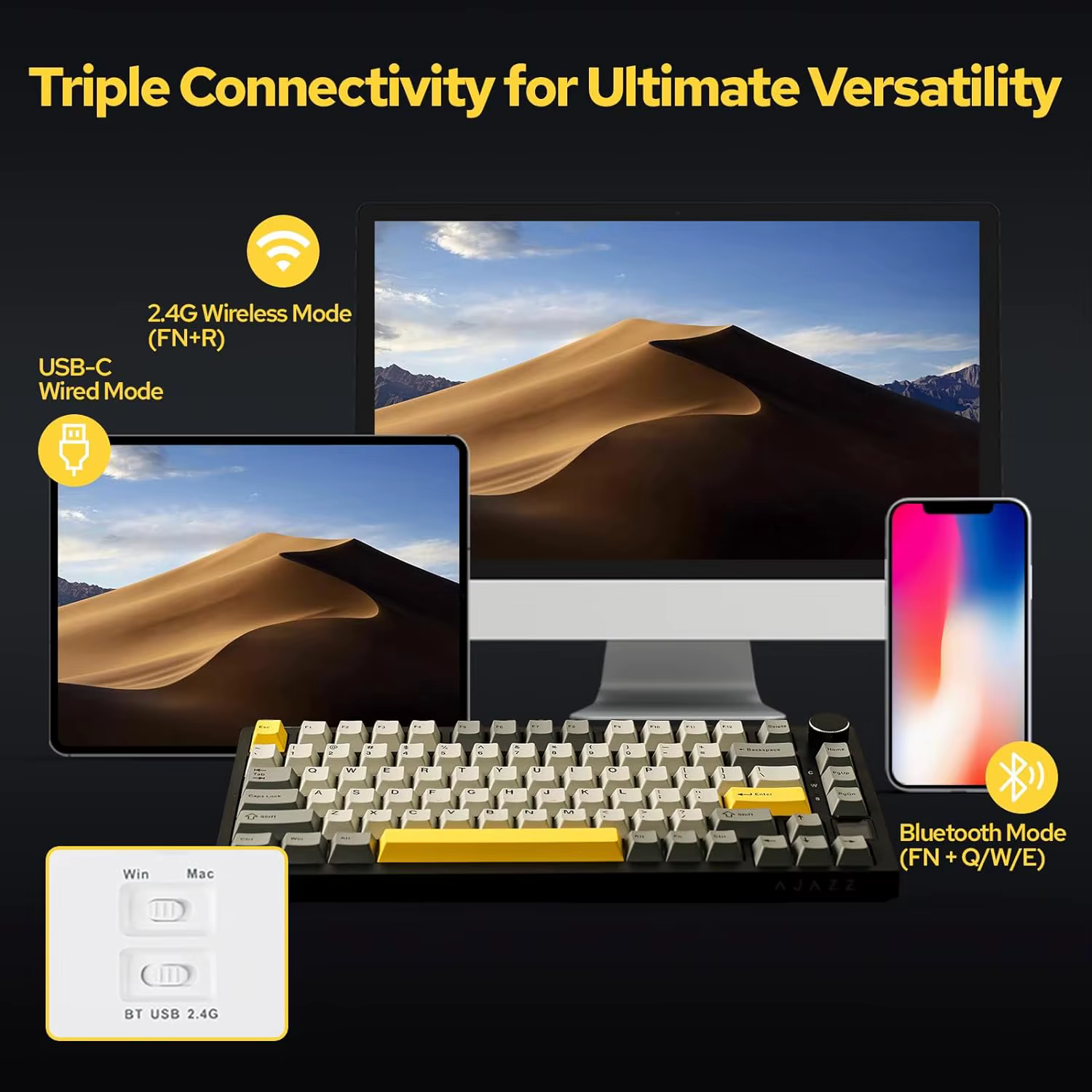 Ajazz AK820/AK820Pro Teclado mecánico para juegos Bluetooth 5,1/teclado personalizado inalámbrico/con cable C con perilla junta de intercambio en caliente - Imagen 4