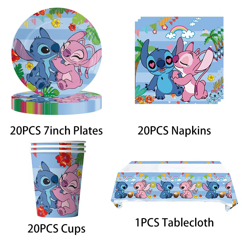 Decoración de fiesta de cumpleaños de Lilo Stitch de Disney, juego de vajilla temática de Stitch para niños, globos de Ángel, suministros de pancarta feliz para recuerdo de niña - Imagen 4