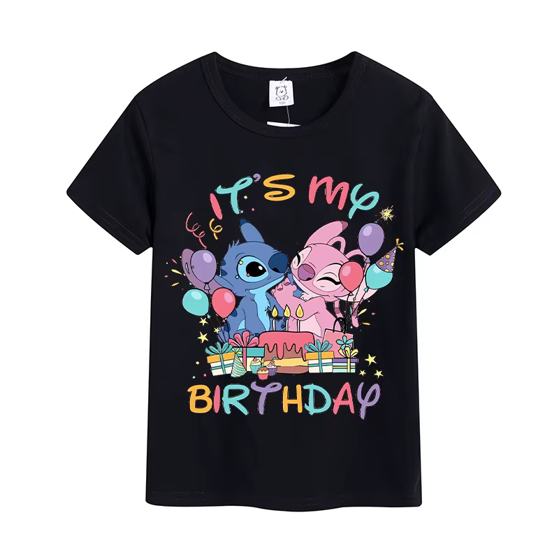 Camisetas de cumpleaños para niños de Stitch Disney, camisetas con estampado de dibujos animados Kawaii de Disney para niños y niñas, ropa de verano de manga corta para bebés 2024 - Imagen 3