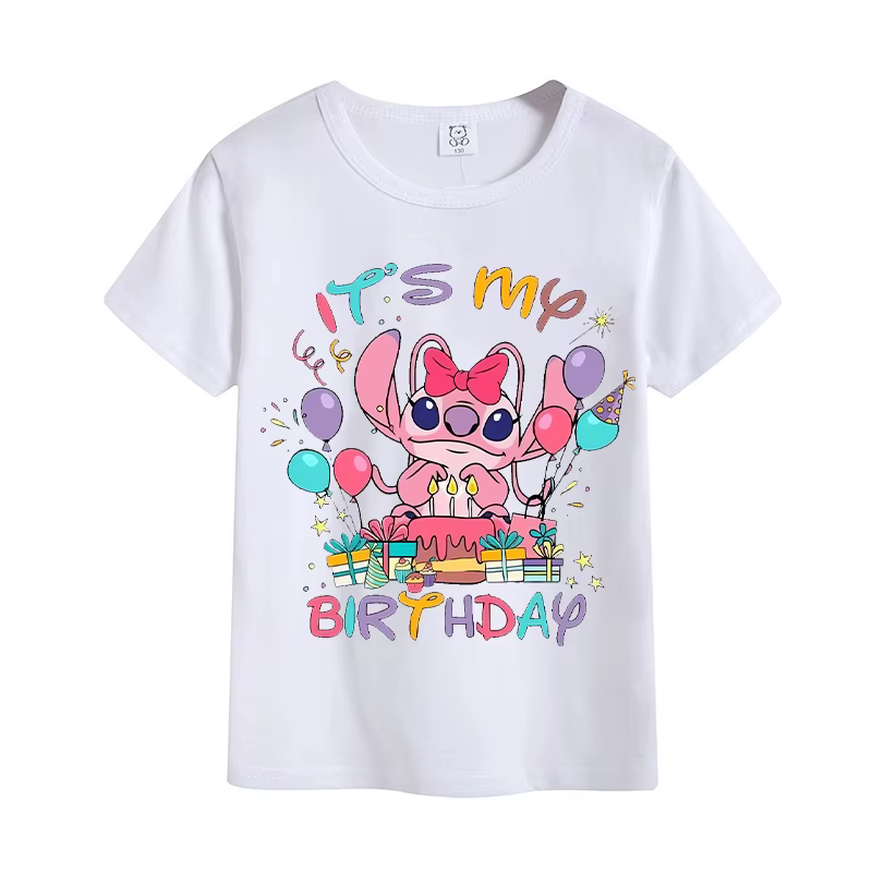 Camisetas de cumpleaños para niños de Stitch Disney, camisetas con estampado de dibujos animados Kawaii de Disney para niños y niñas, ropa de verano de manga corta para bebés 2024 - Imagen 4