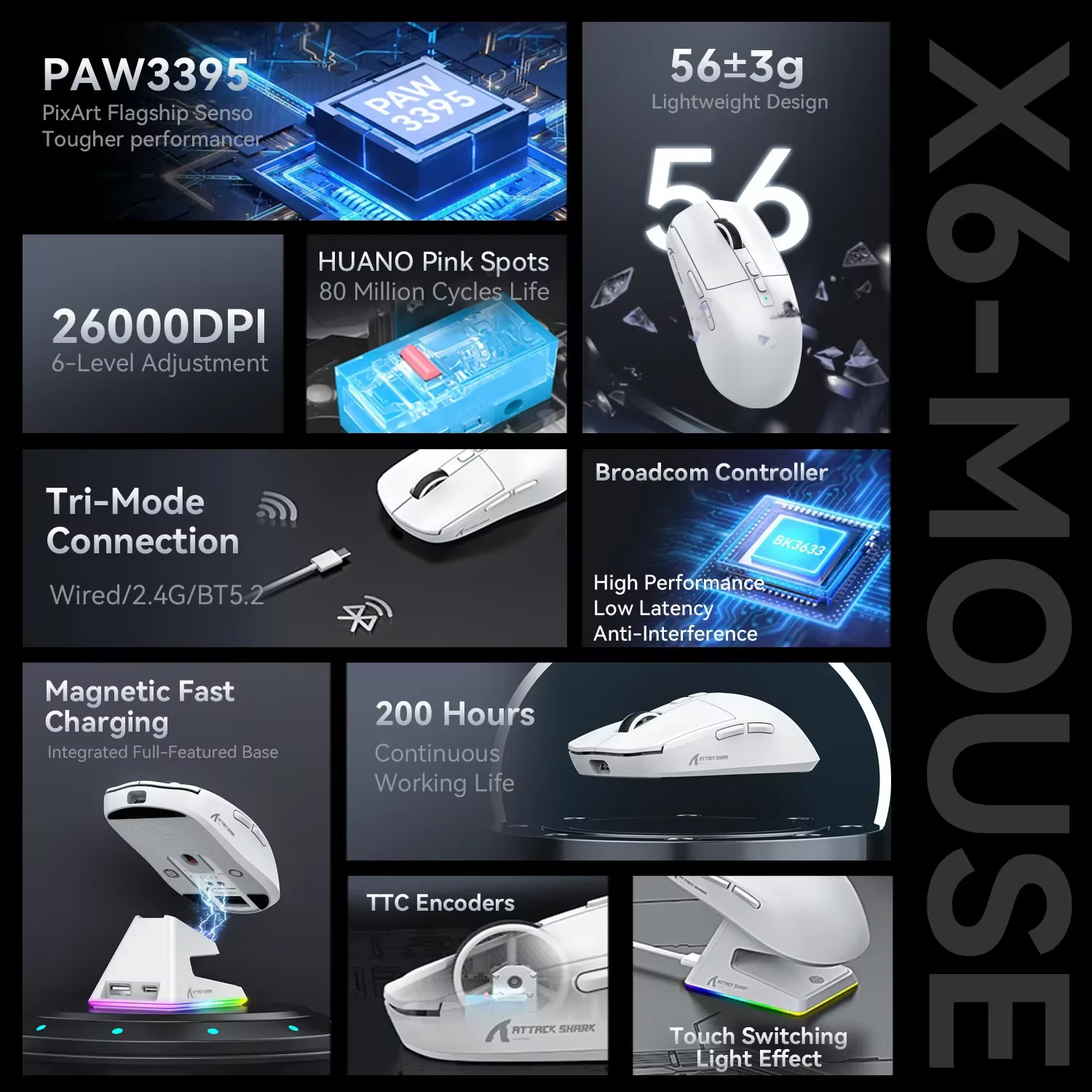 Attack Shark X6 ratón ergonómico inalámbrico para juegos, ajustable, DPI, con cable, 2,4G, Bluetooth, recargable, alta precisión - Imagen 6