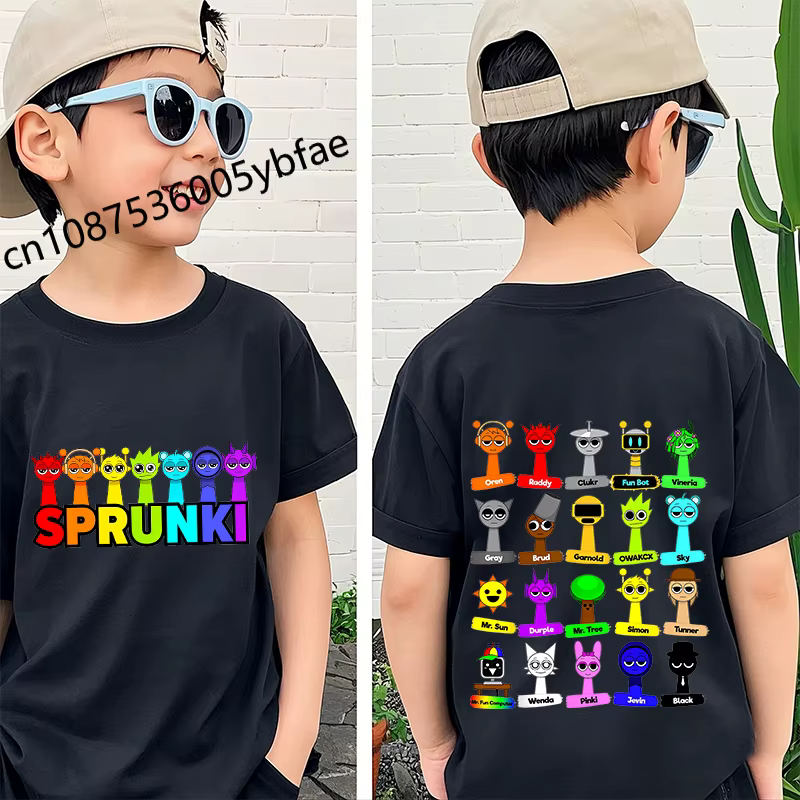 Camiseta con estampado de personajes de dibujos animados Sprunki para niños, top negro de manga corta de algodón puro con dibujos animados para niños - Imagen 2