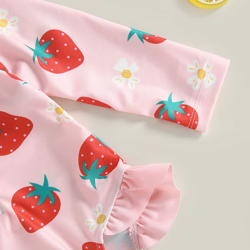 VISgogo-Conjunto de traje de baño de protección contra sarpullidos para niña pequeña, traje de baño de manga larga con estampado de fresa + sombrero para el sol, traje de baño para recién nacido - Imagen 5