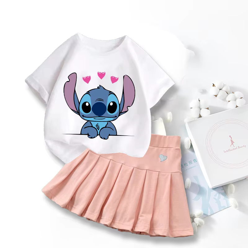 Nuevas camisetas bonitas de Lilo Stitch, conjunto de falda, camiseta gráfica de dibujos animados Kawaii de Disney, pantalón corto informal para niños, Tops de manga, ropa de verano para niñas - Imagen 2