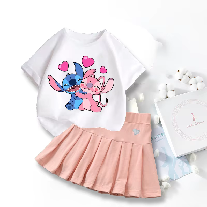 Nuevas camisetas bonitas de Lilo Stitch, conjunto de falda, camiseta gráfica de dibujos animados Kawaii de Disney, pantalón corto informal para niños, Tops de manga, ropa de verano para niñas - Imagen 5