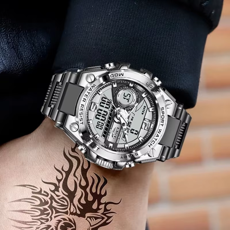 LIGE-reloj analógico con pantalla LED para hombre, accesorio de pulsera de cuarzo resistente al agua hasta 50m con calendario, complemento Masculino deportivo de marca de lujo con diseño militar - Imagen 5