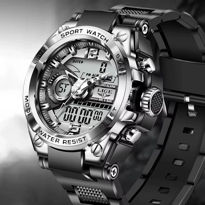 LIGE-reloj analógico con pantalla LED para hombre, accesorio de pulsera de cuarzo resistente al agua hasta 50m con calendario, complemento Masculino deportivo de marca de lujo con diseño militar - Imagen 2