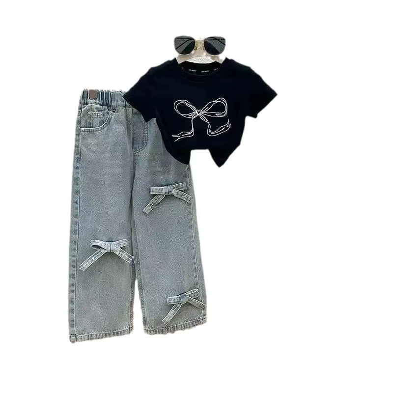 Conjuntos de ropa para niños, Top de manga corta con lazo estampado + pantalones vaqueros, conjuntos de 2 uds., ropa para niñas, conjunto de ropa para niñas, ropa para niños y niñas - Imagen 2