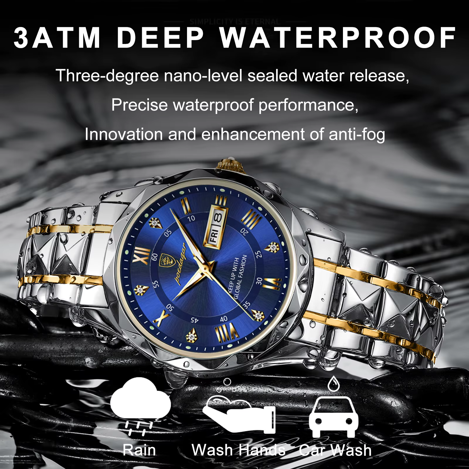 POEDAGAR, relojes de lujo de marca superior para hombre, reloj de semana con calendario luminoso resistente al agua para hombre, reloj informal de cuarzo de acero inoxidable para hombre - Imagen 3