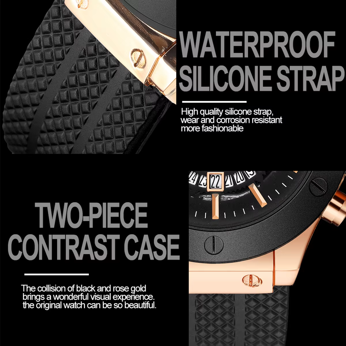 Reloj deportivo de silicona negra para hombre, esfera grande ahuecada de 46mm, oro rosa, estilo militar de moda, movimiento de cuarzo Original - Imagen 5