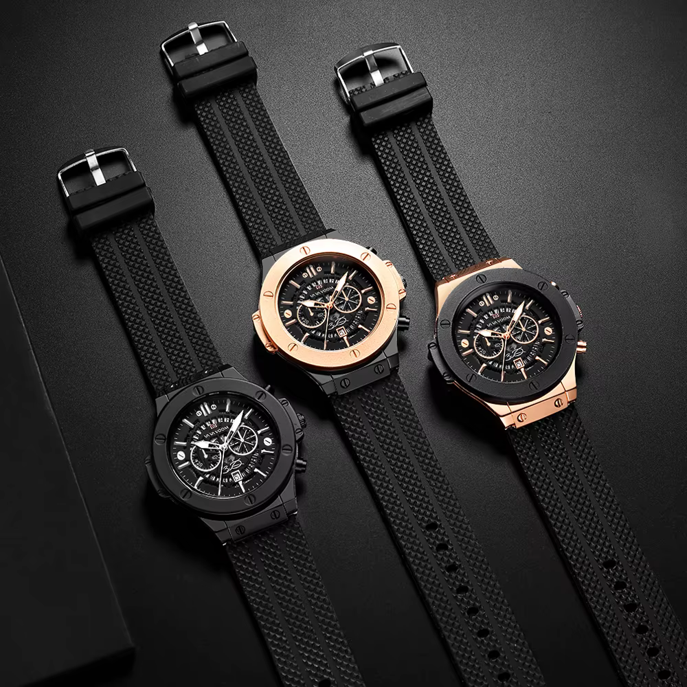 Reloj deportivo de silicona negra para hombre, esfera grande ahuecada de 46mm, oro rosa, estilo militar de moda, movimiento de cuarzo Original - Imagen 3