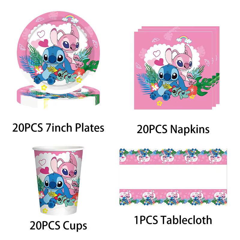 Decoración de fiesta de cumpleaños de Lilo Stitch de Disney, juego de vajilla temática de Stitch para niños, globos de Ángel, suministros de pancarta feliz para recuerdo de niña - Imagen 2