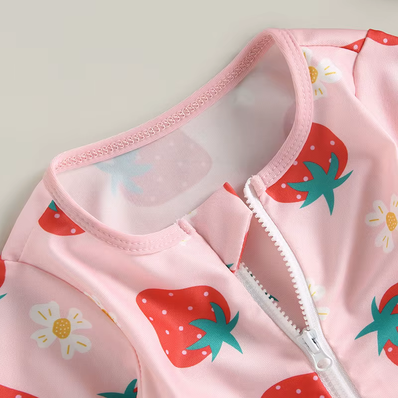 VISgogo-Conjunto de traje de baño de protección contra sarpullidos para niña pequeña, traje de baño de manga larga con estampado de fresa + sombrero para el sol, traje de baño para recién nacido - Imagen 4