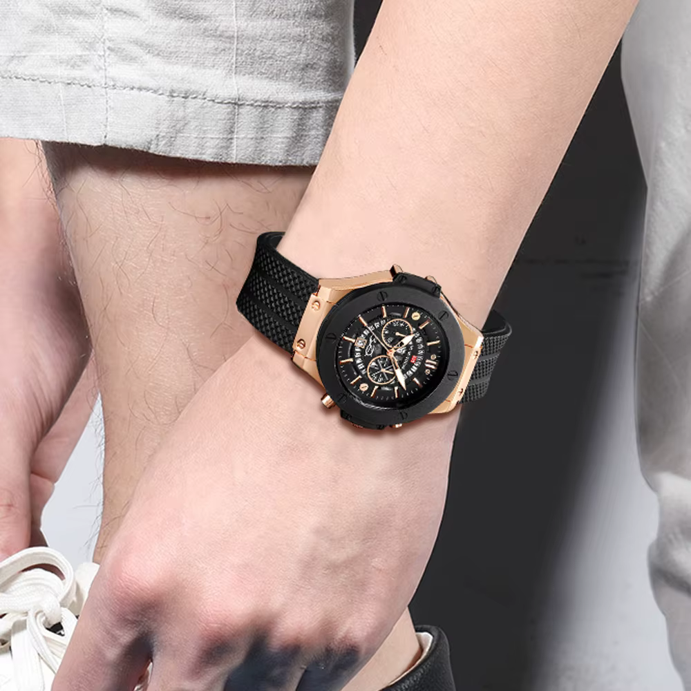 Reloj deportivo de silicona negra para hombre, esfera grande ahuecada de 46mm, oro rosa, estilo militar de moda, movimiento de cuarzo Original - Imagen 6