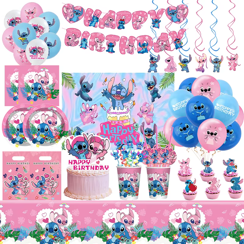 Decoración de fiesta de cumpleaños de Lilo Stitch de Disney, juego de vajilla temática de Stitch para niños, globos de Ángel, suministros de pancarta feliz para recuerdo de niña - Imagen 7