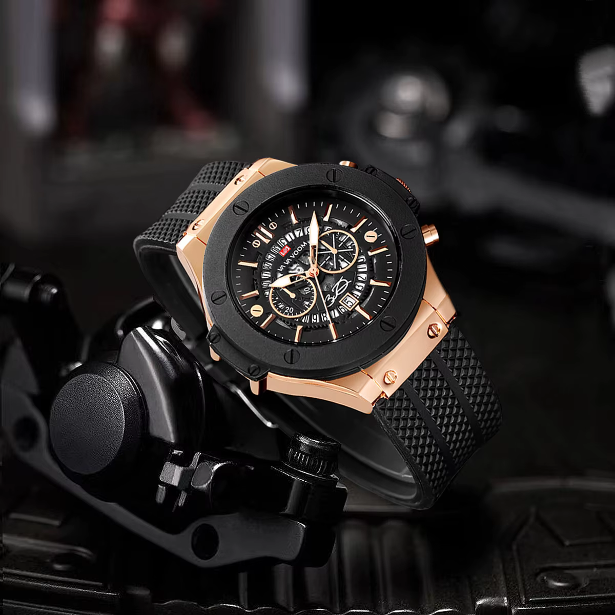 Reloj deportivo de silicona negra para hombre, esfera grande ahuecada de 46mm, oro rosa, estilo militar de moda, movimiento de cuarzo Original - Imagen 4