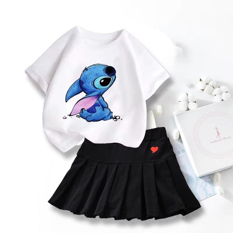 Nuevas camisetas bonitas de Lilo Stitch, conjunto de falda, camiseta gráfica de dibujos animados Kawaii de Disney, pantalón corto informal para niños, Tops de manga, ropa de verano para niñas - Imagen 4