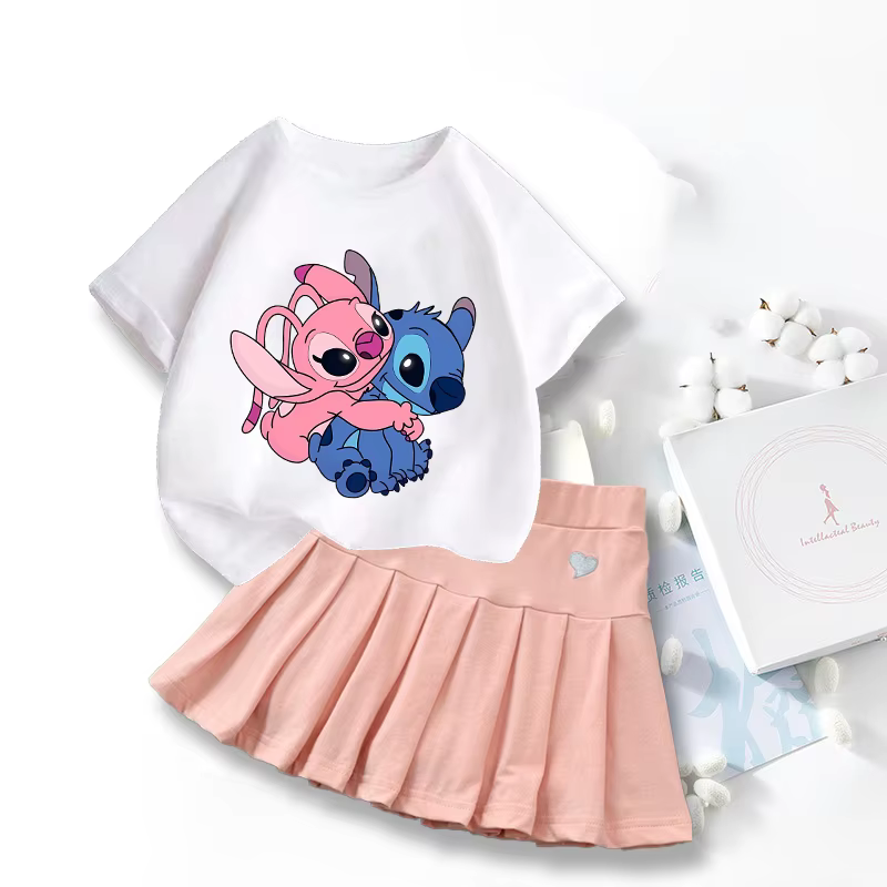 Nuevas camisetas bonitas de Lilo Stitch, conjunto de falda, camiseta gráfica de dibujos animados Kawaii de Disney, pantalón corto informal para niños, Tops de manga, ropa de verano para niñas - Imagen 3